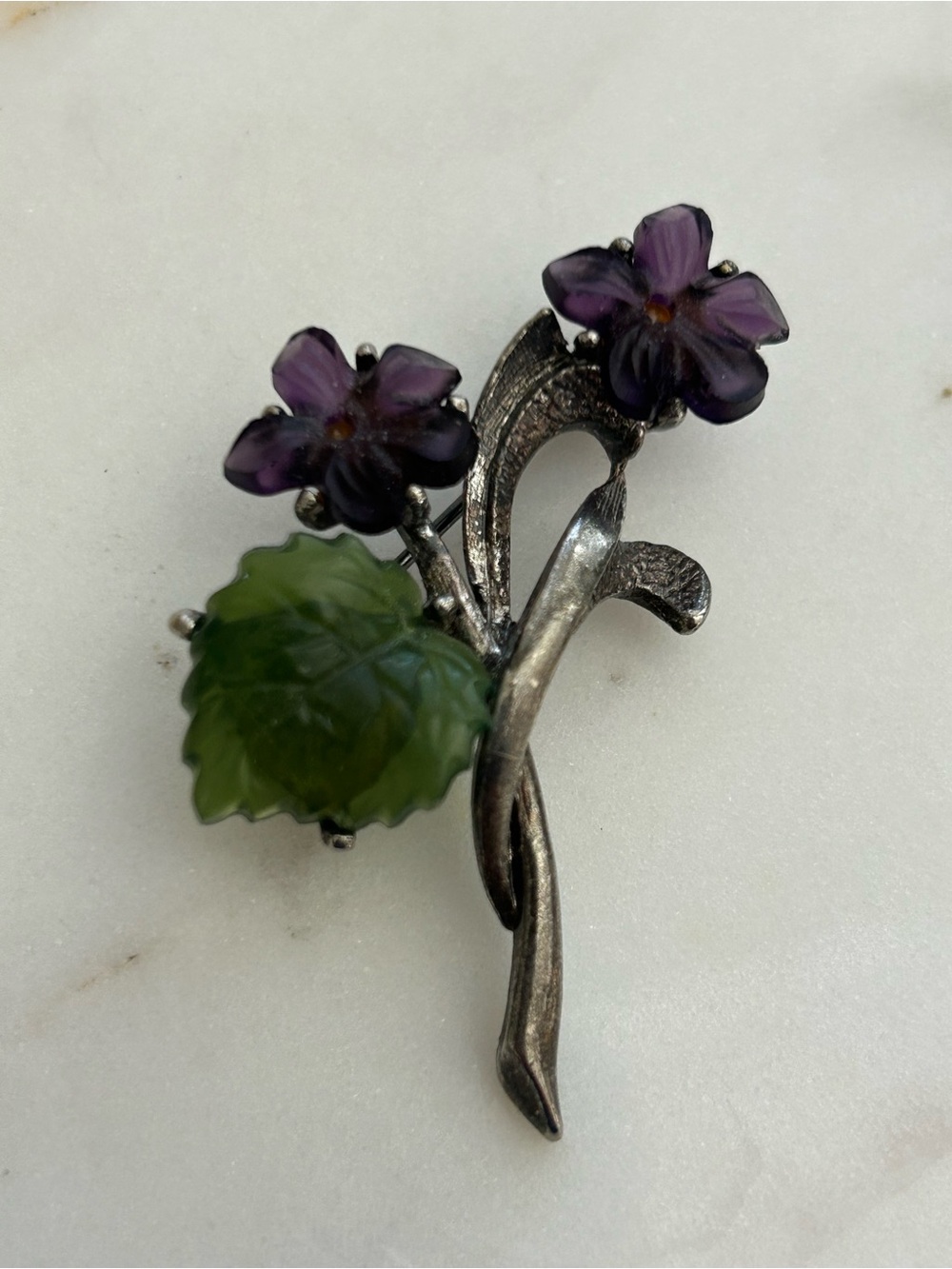 Purple and Green Carved Glass Brooch